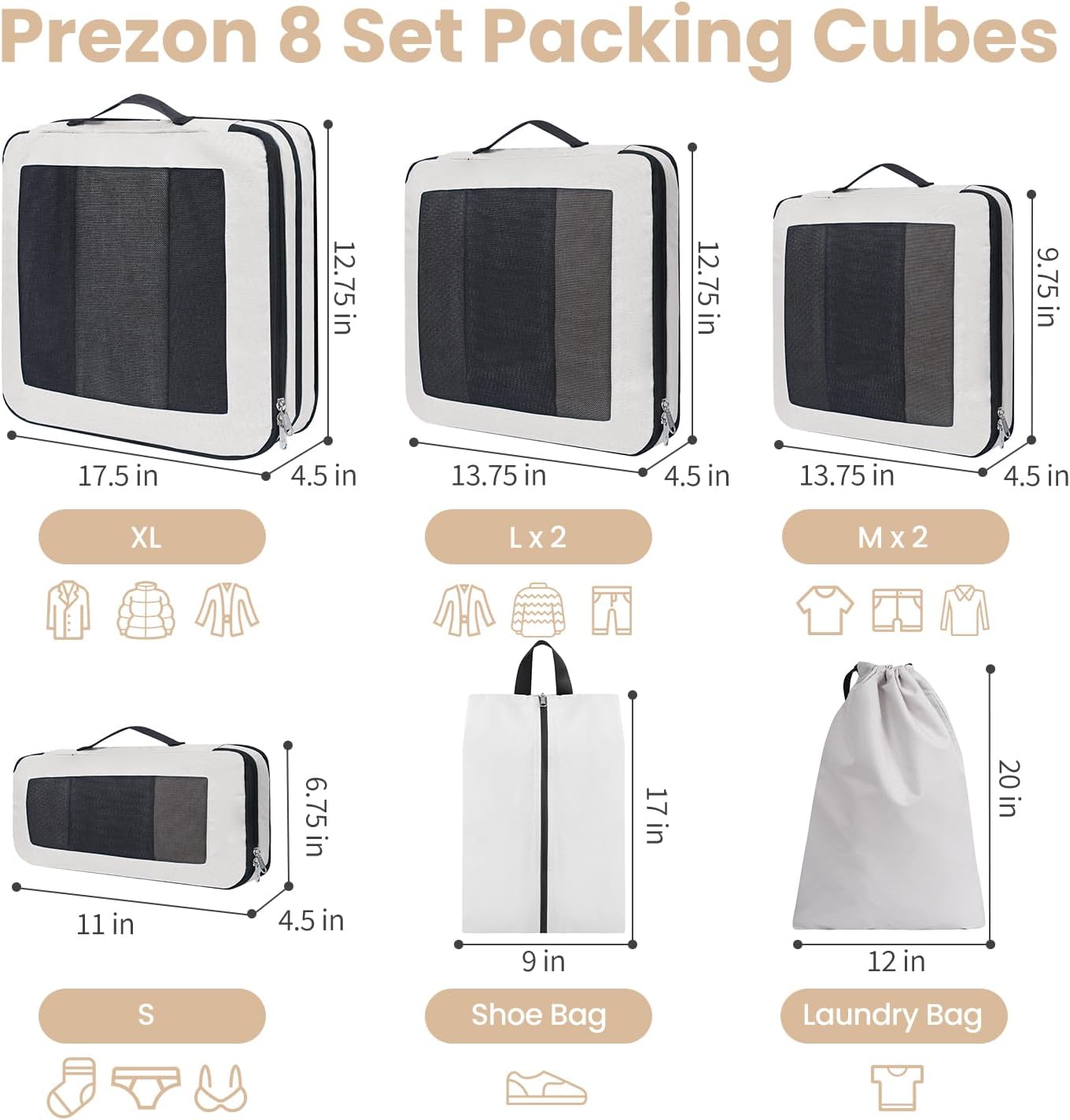 Detalle de Prezon Kompressions-Packwürfel – Erweiterbares Reisegepäck-Organizer-Set (4, 6 oder 8 Stück)