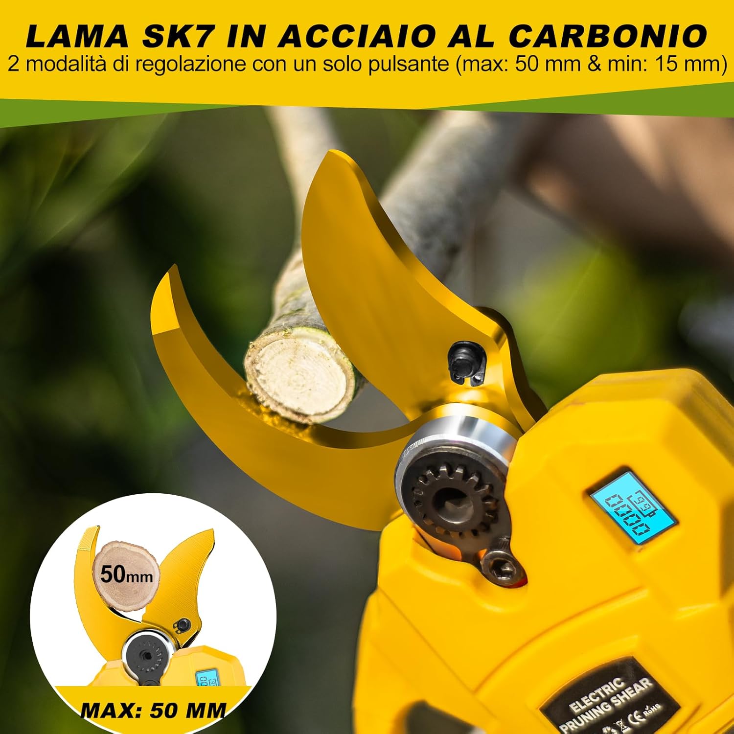 Detalle de Forbici Potatura a Batterie 40-50 mm Brushless con LCD – Cesoie Elettriche Professionali
