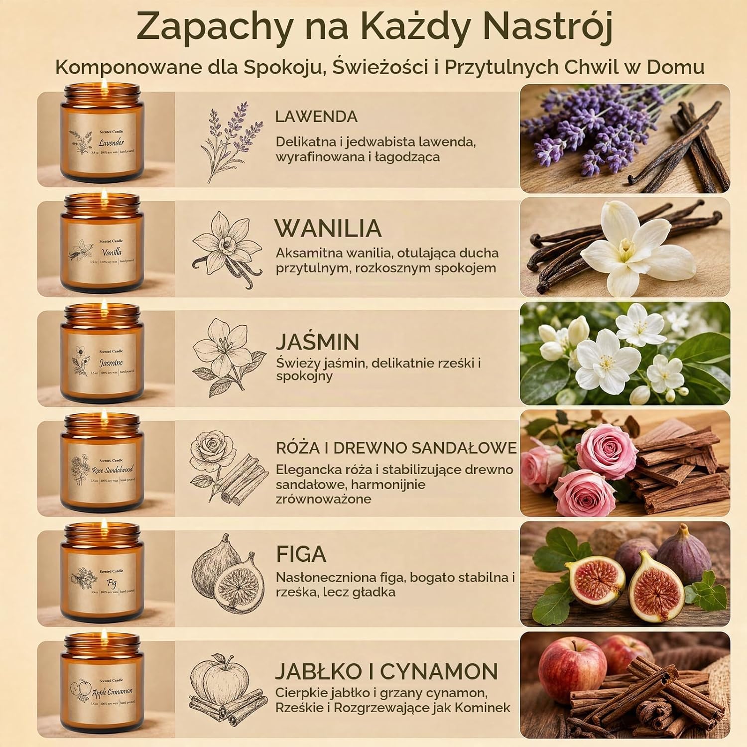 Detalle de KIYTARBOO Dk-001 – zestaw 6 świec sojowych w szkle, różne zapachy