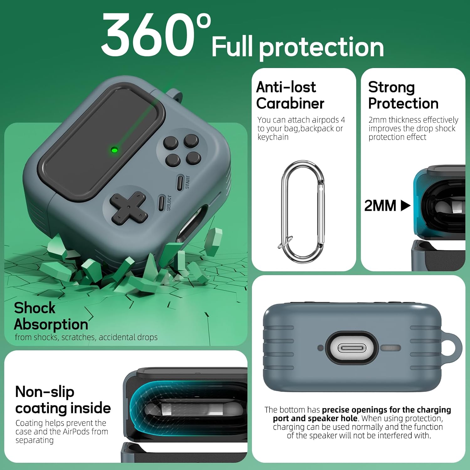 Detalle 2 de Inesore AirPods 4 Case with Lock (Classic Game Console Style) + Cleaner Kit (Black)