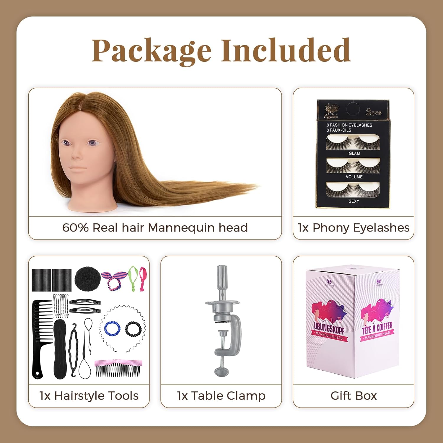Thumbnail 4 de Neverland Beauty & Health Trainingskopf 71 cm mit 60% Echthaar – Friseur-Mannequin-Kopf inkl. Tischklemme und Werkzeug-Set