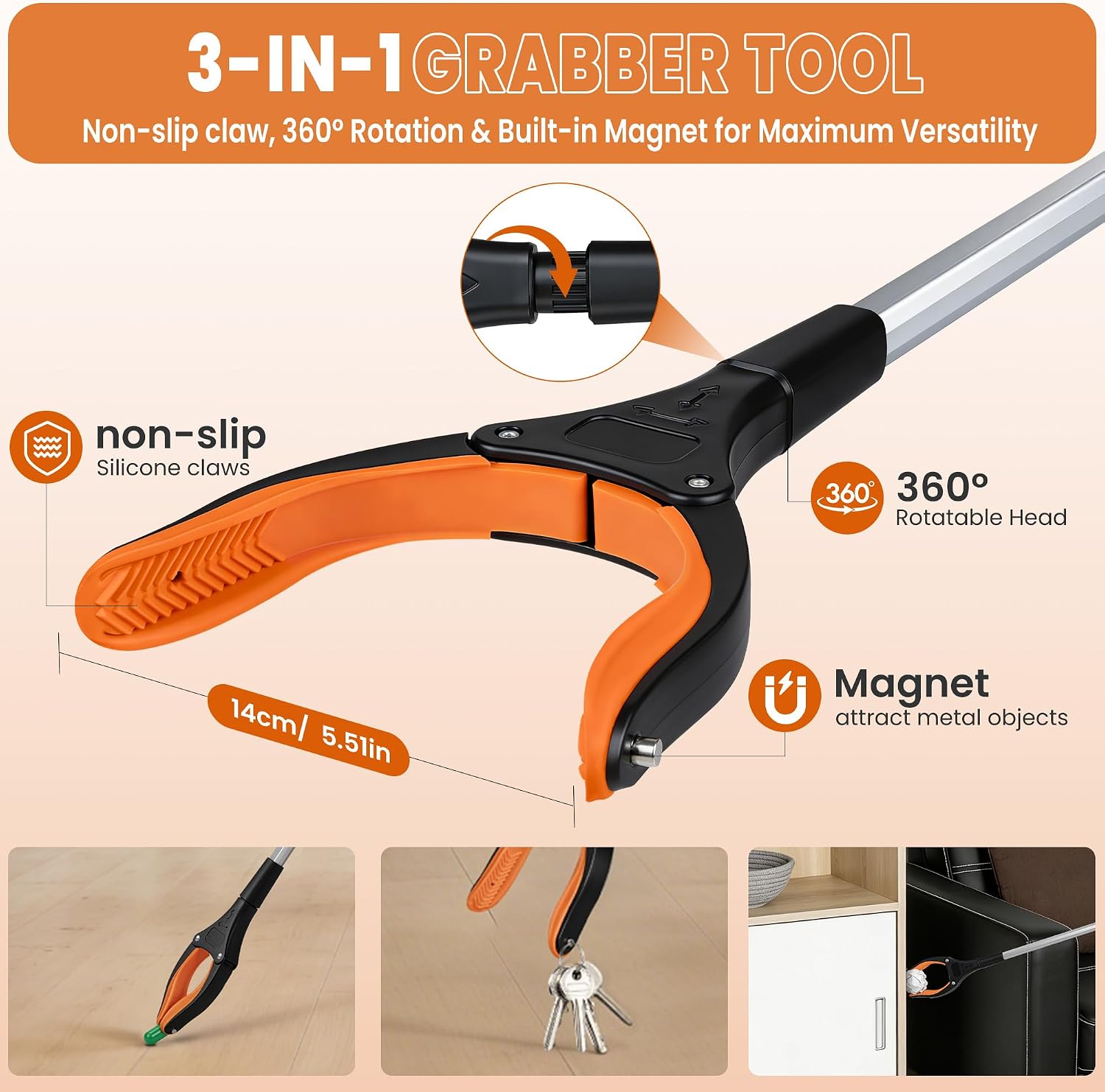 Thumbnail 2 de bemece 83 cm Folding Grabber Reacher, 360° Rotating Jaw and Magnetic Pickup