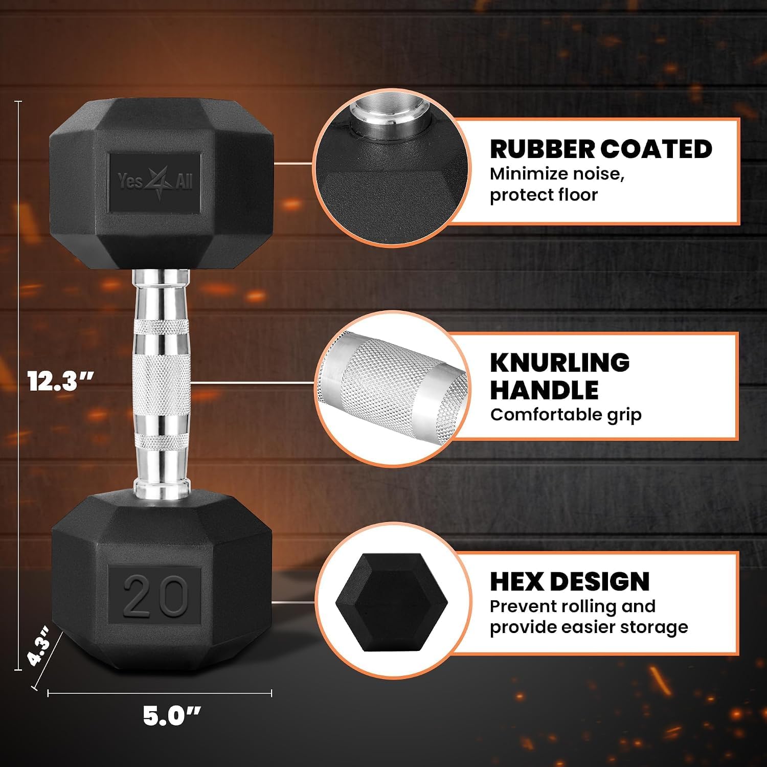 Detalle de Yes4All Hex dumbbell, rubber coating