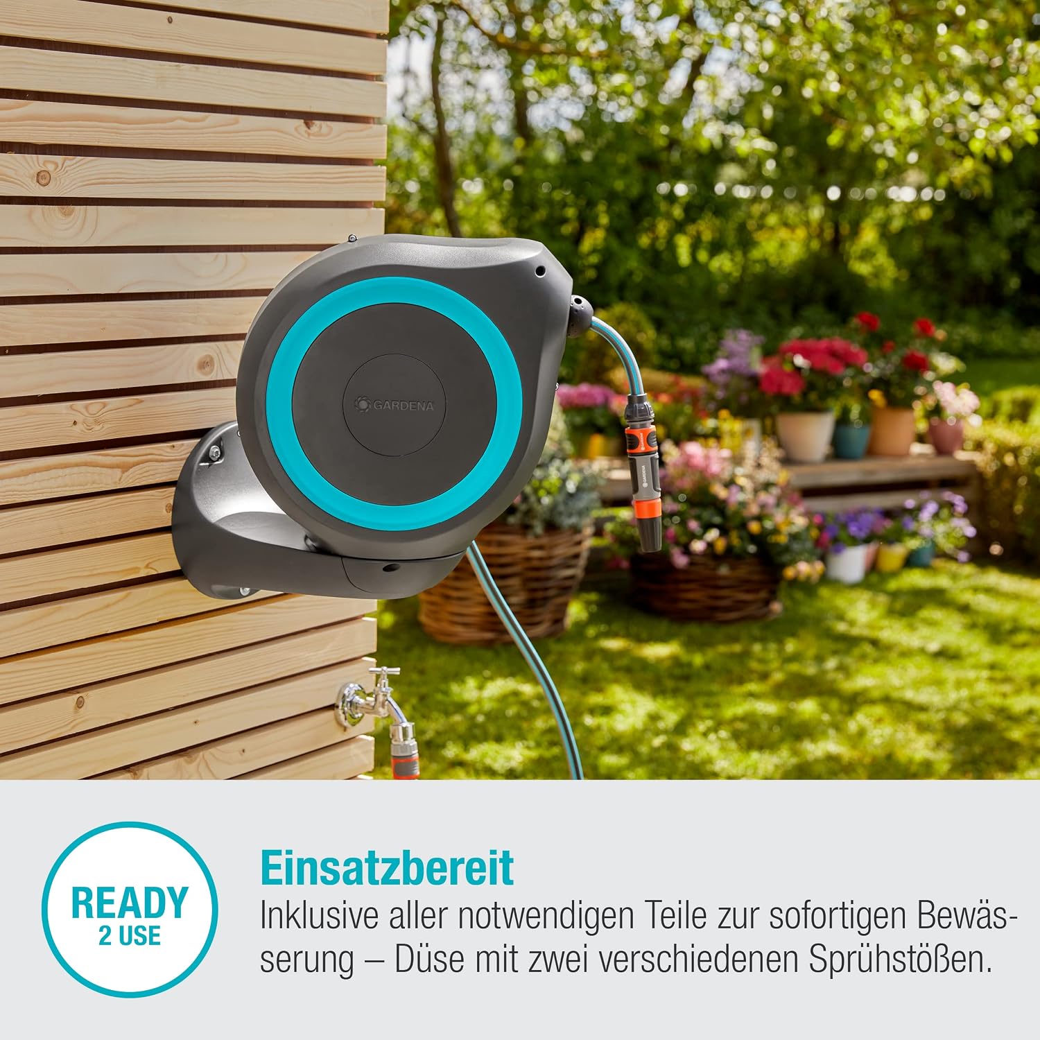 Detalle de GARDENA Wand-Schlauchbox RollUp S türkis 15 m (18600-20) – schwenkbare Trommel mit Wandhalterung