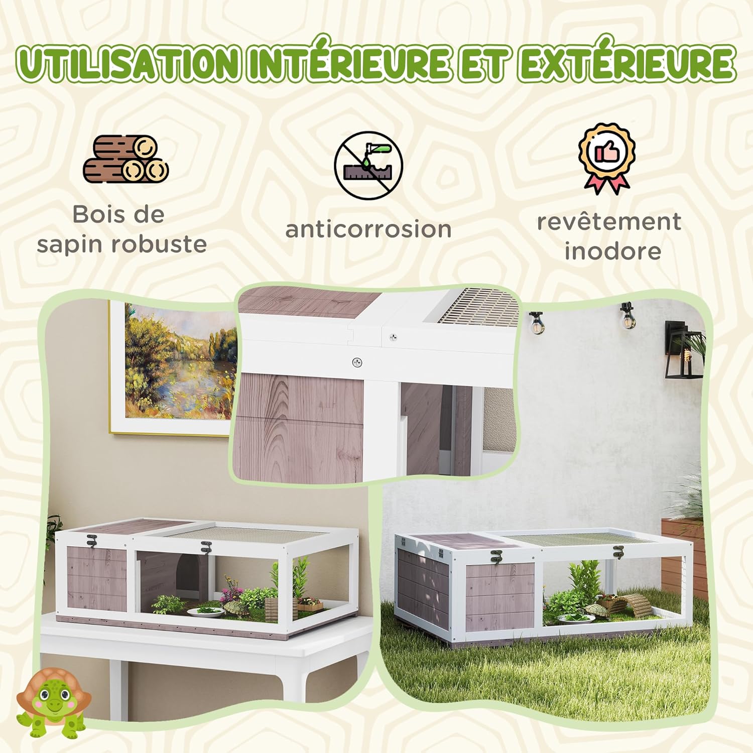 Thumbnail 2 de PawHut Maison pour tortues de terre double zone en bois (91 x 60,5 x 32 cm) avec toit ouvrable
