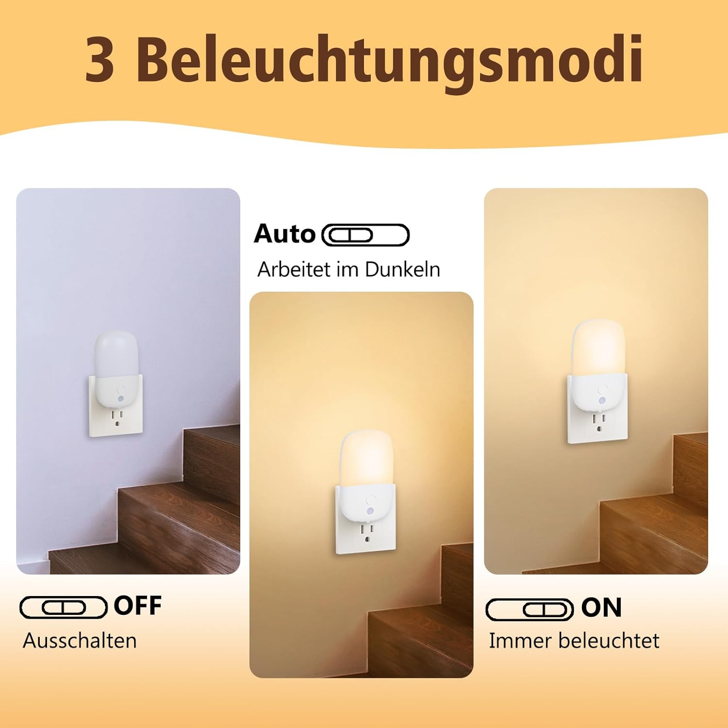 Thumbnail 4 de echosari Nachtlicht-Steckdose mit Dämmerungssensor (4er-Set, Warmweiß) – ON/OFF/AUTO mit Dimmen