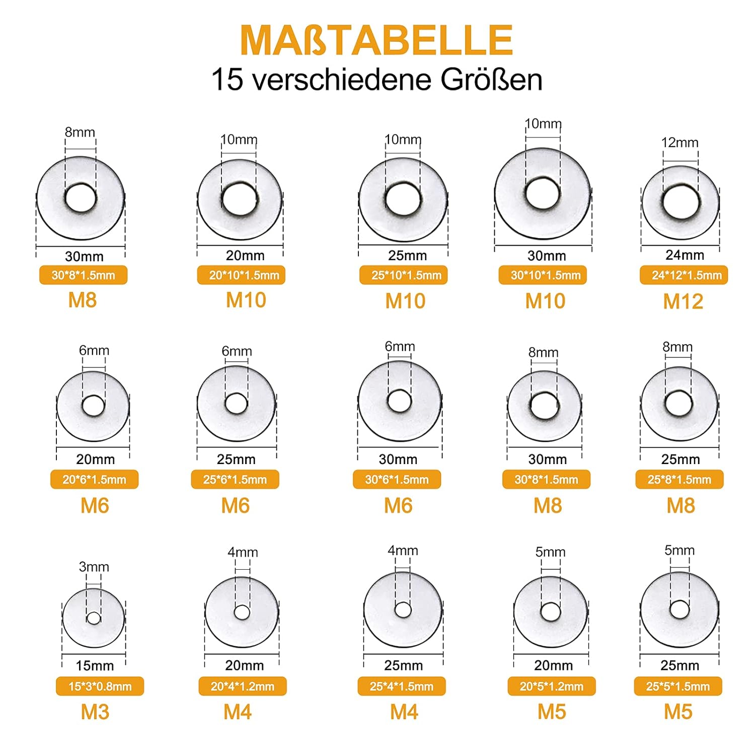 Thumbnail 1 de VIGRUE 225 Stück Edelstahl Flache Unterlegscheiben Set (7 Größen) für M3–M12