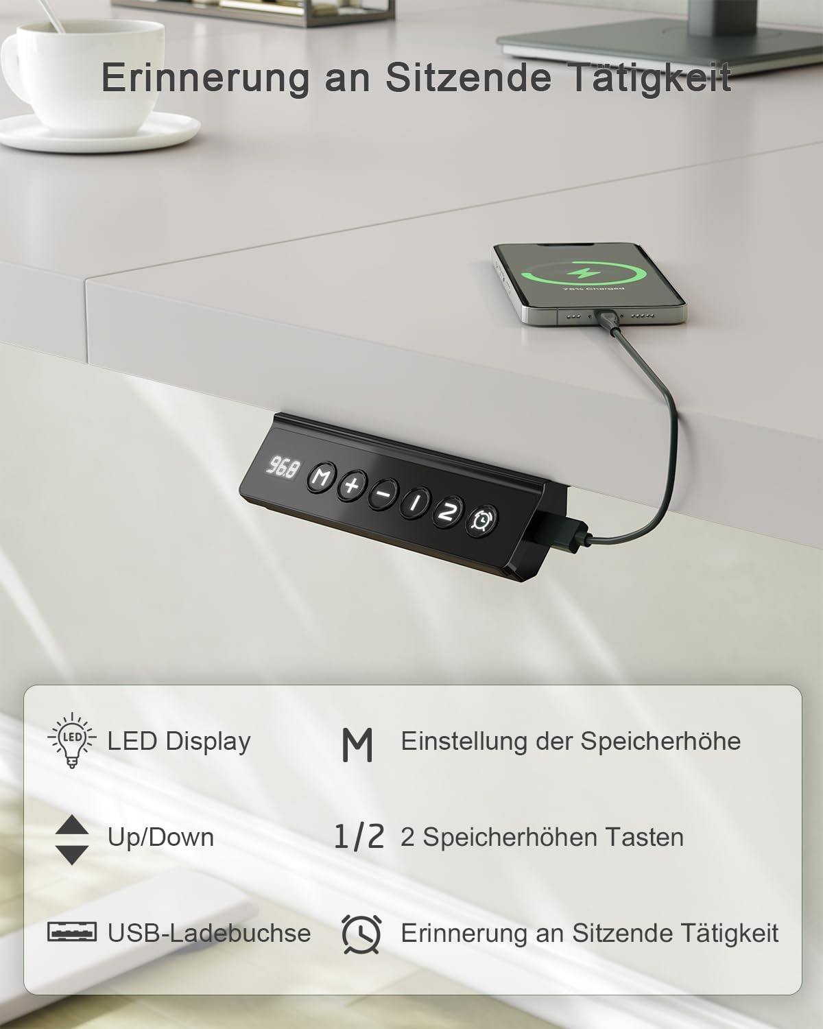 Thumbnail 2 de JUMMICO elektrisch höhenverstellbarer Schreibtisch mit USB-Ladeanschluss, 160 x 70 cm (Grau)