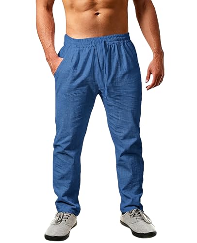 Detalle de Cegerne Pantaloni in Lino Estivi Uomo: modelli larghi, vita elastica e coulisse in blu reale