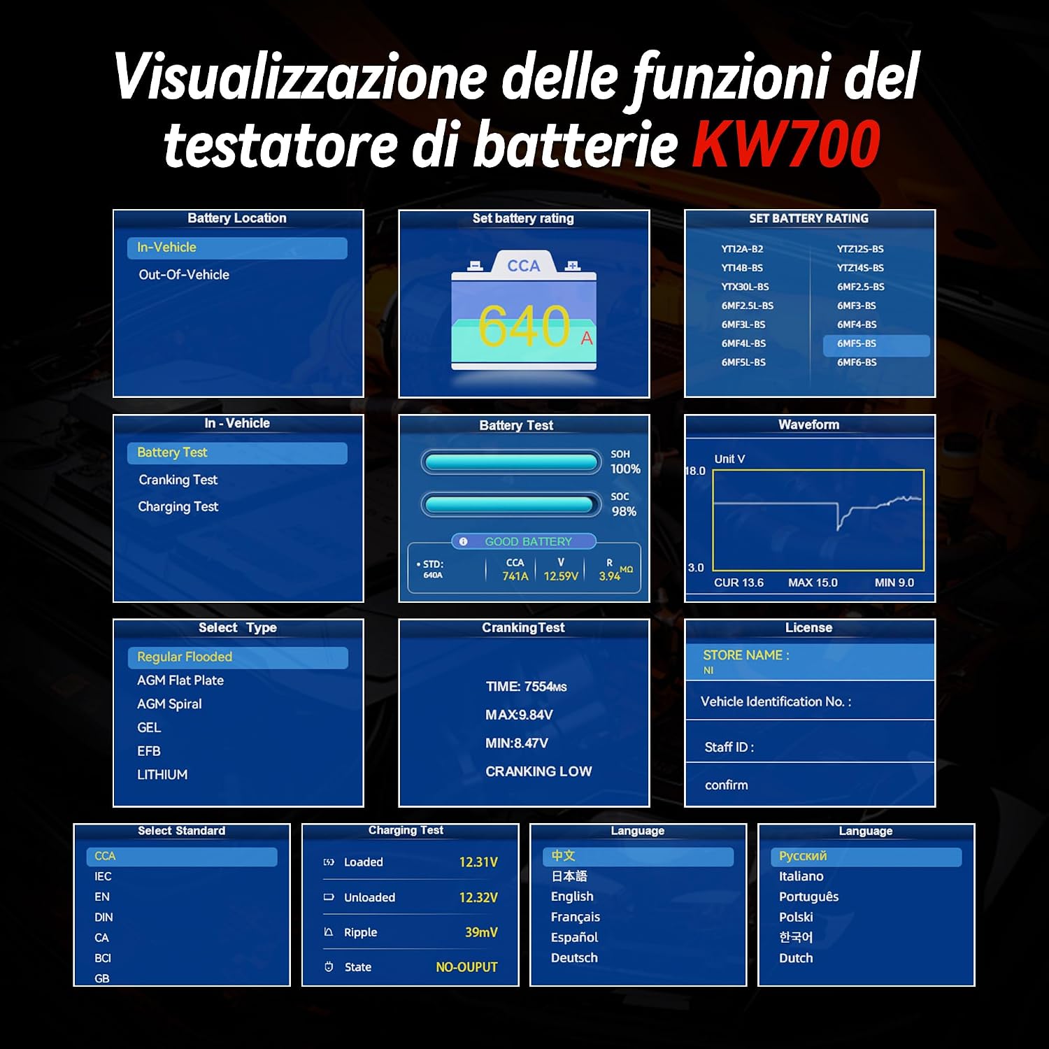 Detalle de KONNWEI KW700: Tester Batteria Auto con Stampante integrata per 12V/24V