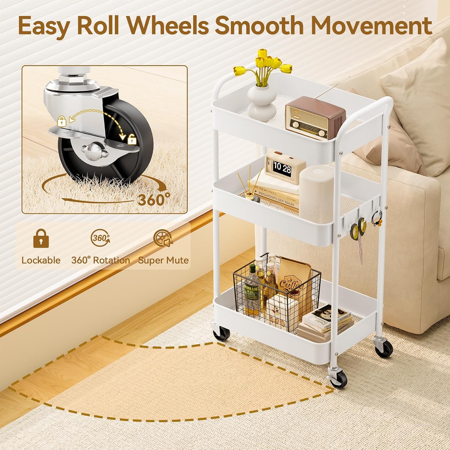 Detalle de YASONIC YS-306 3-Tier Metal Rolling Cart with Locking Swivel Wheels