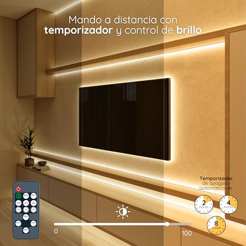 Detalle de NELUX Tira LED COB Interior 2 m: iluminación cálida regulable con mando y adaptador, 960 LED totales