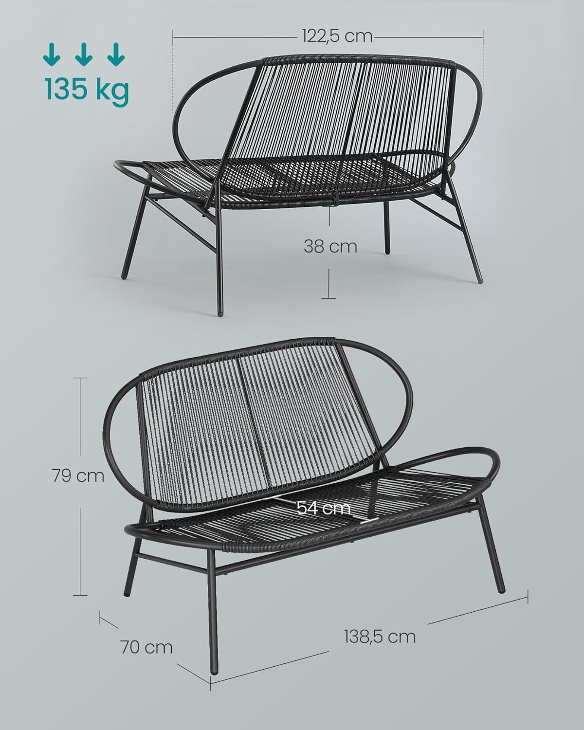Detalle de SONGMICS Gartenbank 2-Sitzer aus PE-Rattan (tintenschwarz) mit Rückenlehne, für Balkon & Terrasse – GGF0026B01