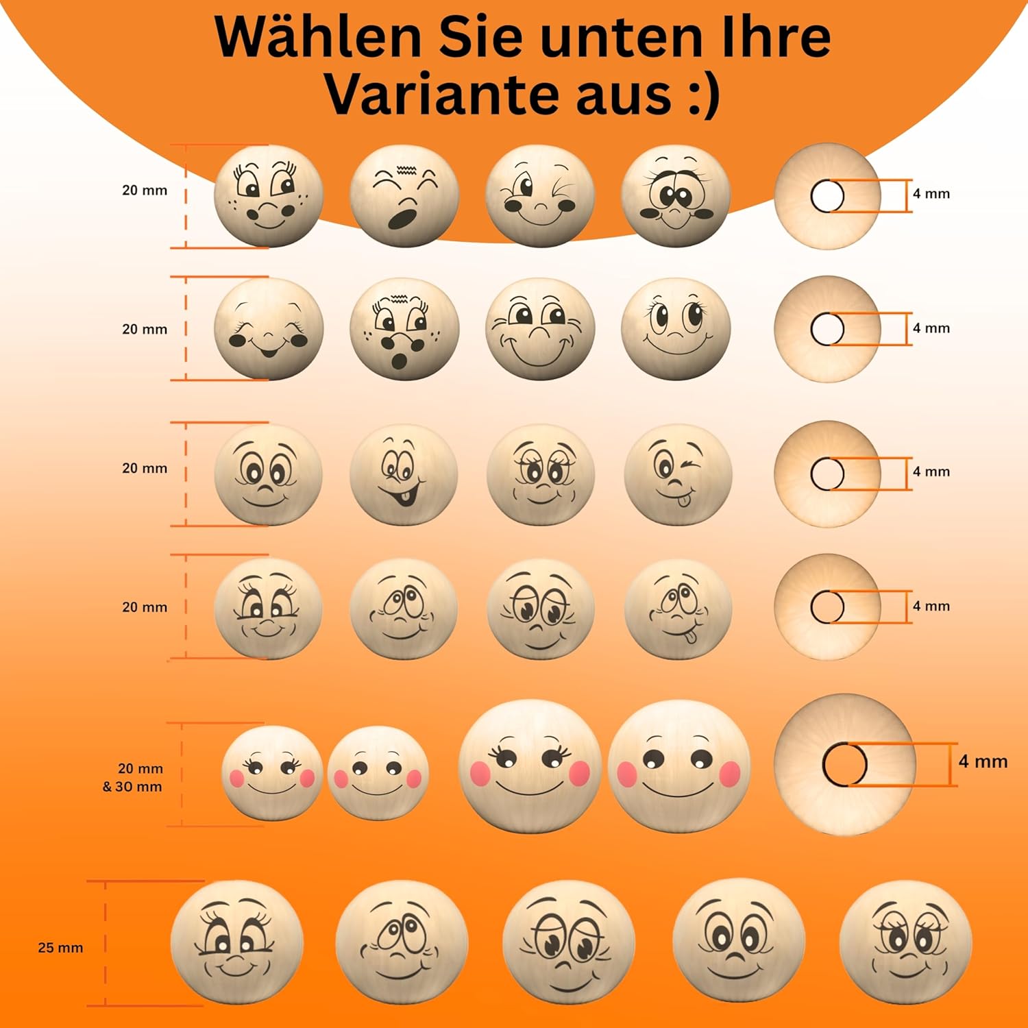 Thumbnail 6 de Ananda Goods 120 Holzperlen mit Gesicht – 20 mm Holzperlen mit 8 süßen Gesichtern