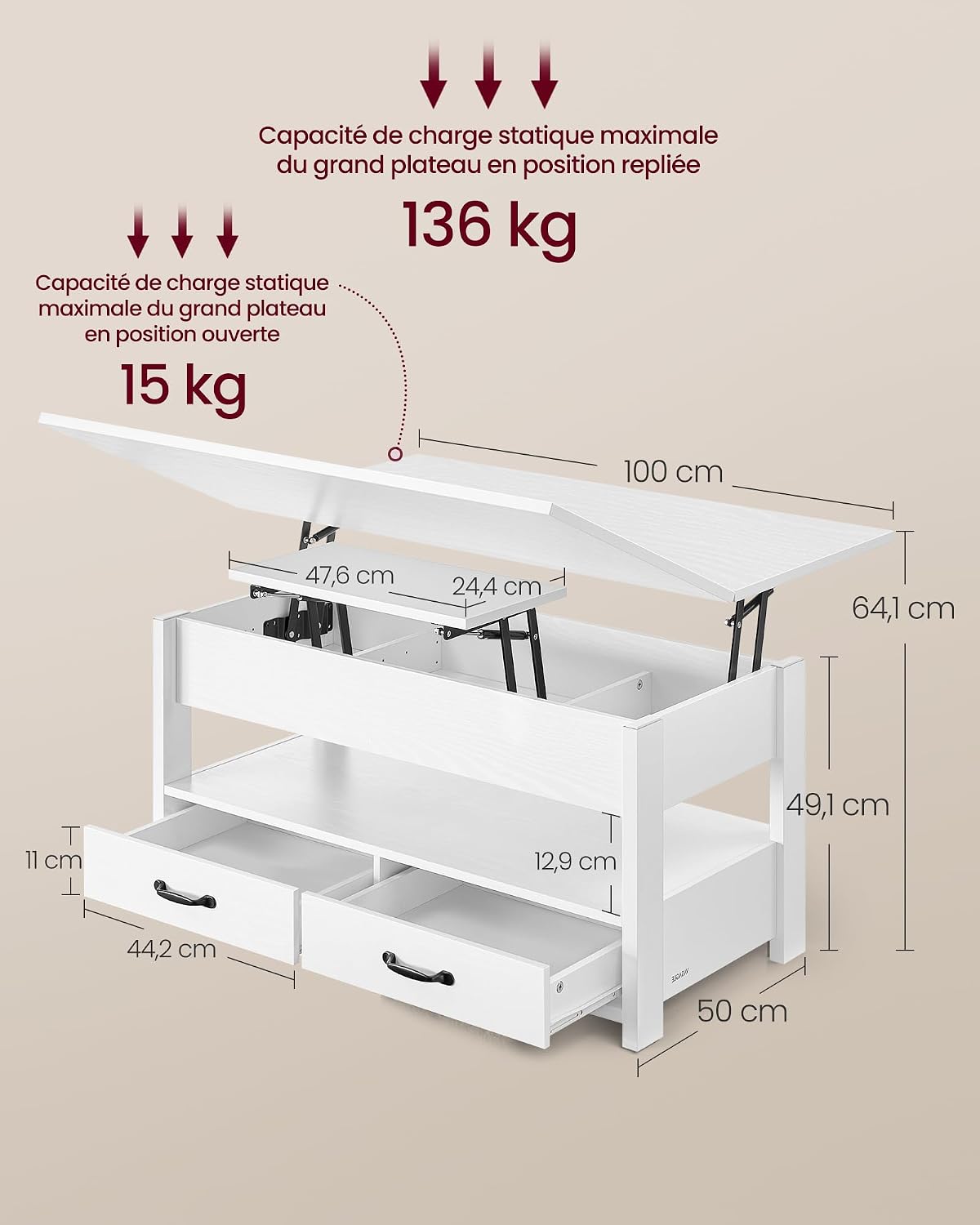 Detalle de VASAGLE LCT254W02 table basse relevable 45min 🛋