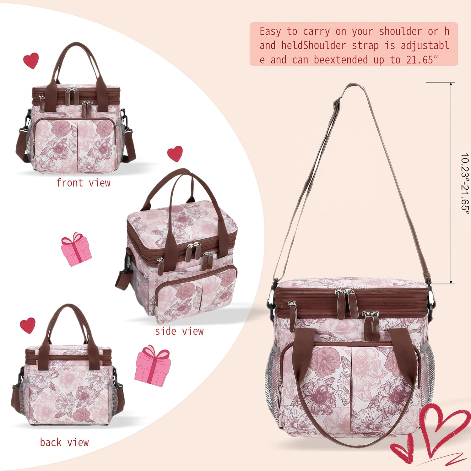 Thumbnail 6 de leocwen leocwenbag-1 Insulated Lunch Bag, 15 L, Pink Floral, 8 Pockets