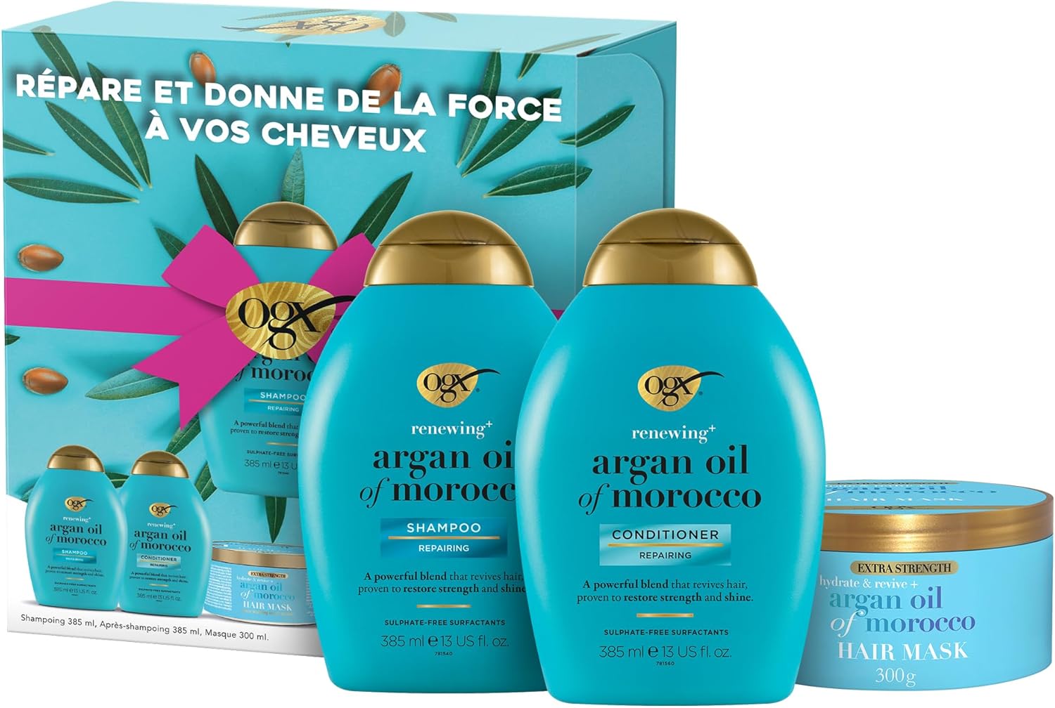 Detalle de OGX Coffret Soin Cheveux Huile d'Argan du Maroc – Shampooing, Après-Shampoing et Masque pour cheveux secs et abîmés