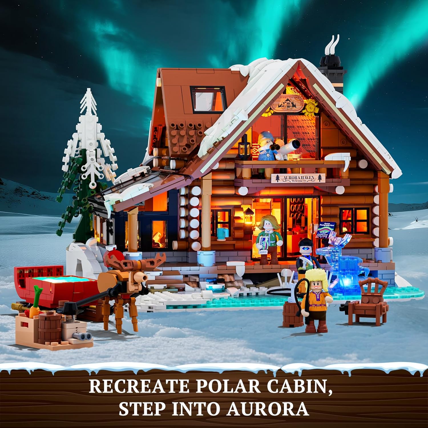 Detalle de Lumibricks Aurora Cabin con LED – 2425 pezzi in legno, proiettore Aurora e scena artica per adulti