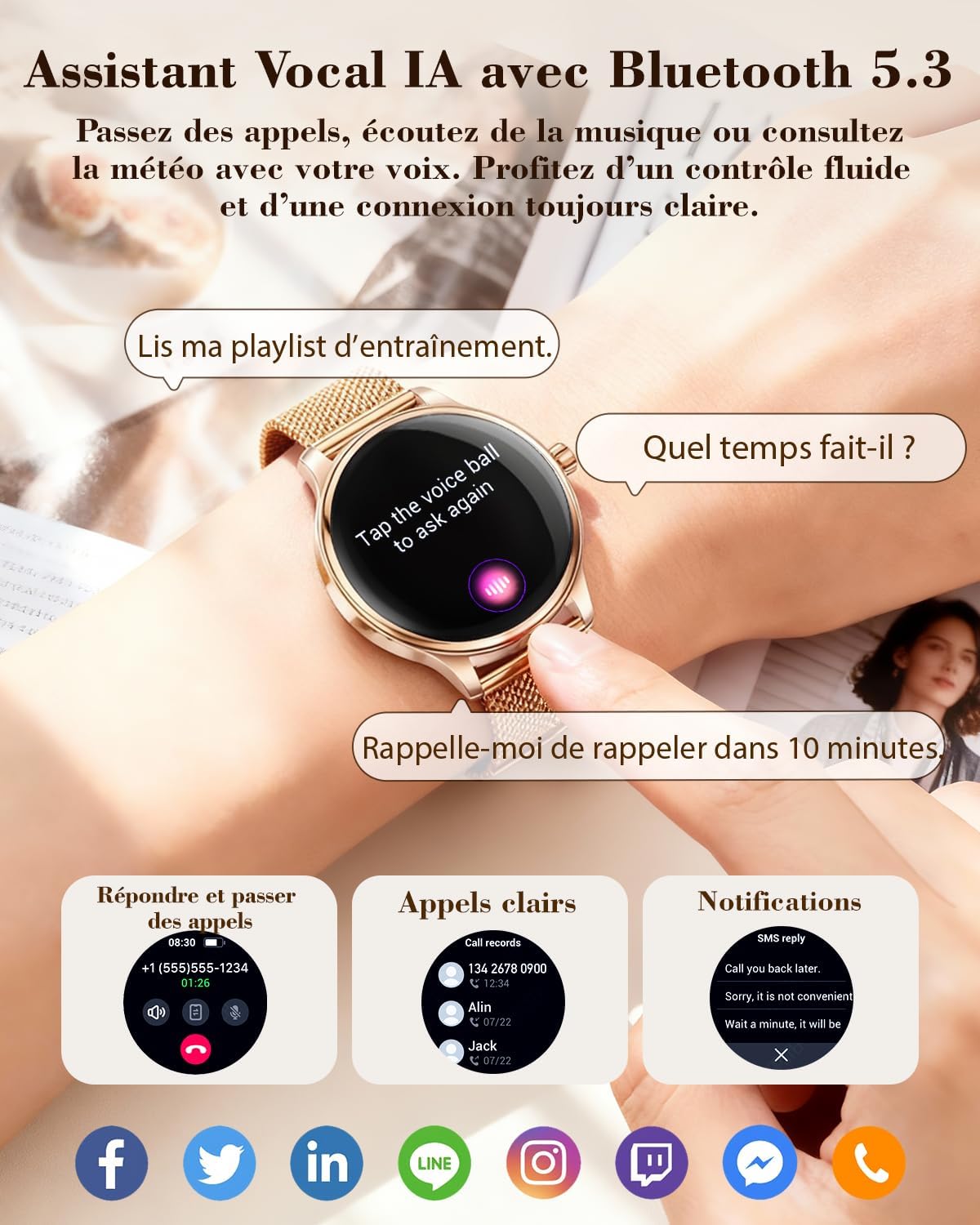 Detalle de WalkerFit Smartwatch Damen Rund 1,43" AMOLED – IP68, Bluetooth Anrufe, 120+ Sportmodi, Roségold