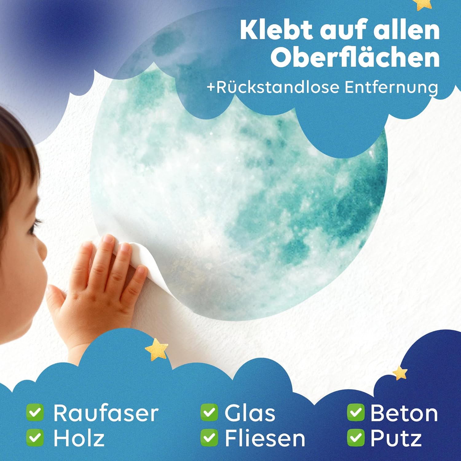 Detalle 2 de LILIMAUS Leuchtmond XXL SELBSTKLEBEND – Mondleuchtsticker für das Kinderzimmer, schaltet den Sternenhimmel im Dunkeln frei