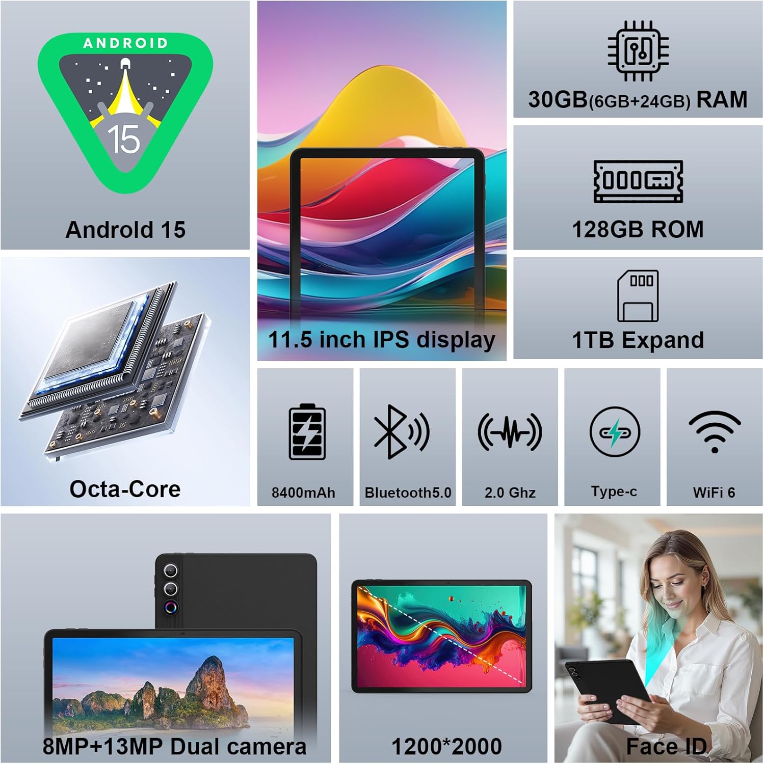 Thumbnail 1 de MUISOO 11.5-inch Android 15 Tablet (Octa-Core, 30GB RAM/128GB ROM, 5G WiFi 6) with Keyboard, Mouse & Case