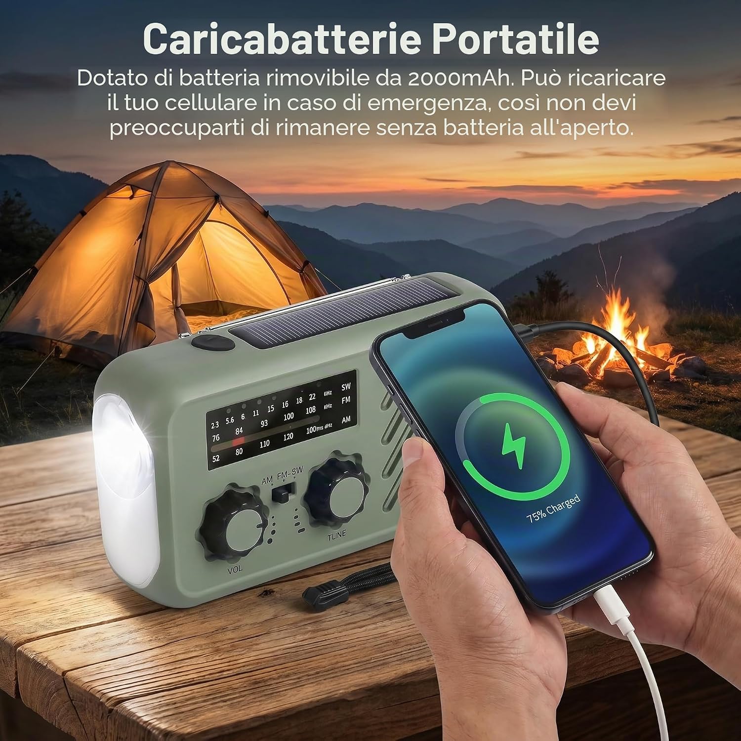 Thumbnail 5 de Radio di emergenza portatile con alimentazione solare e manovella: 2000 mAh, allarme SOS e torcia 3W