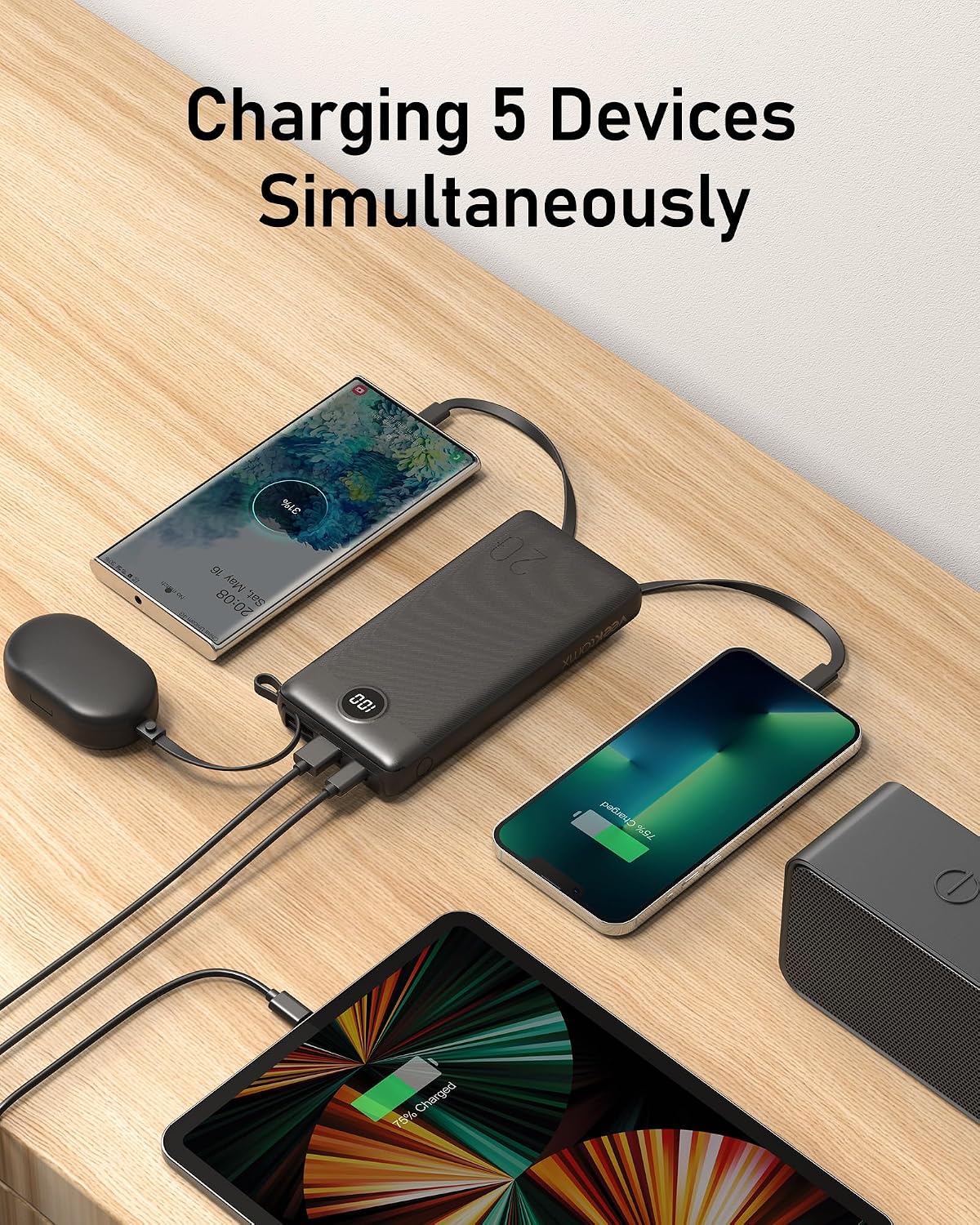 Detalle de VEEKTOMX Power Bank 20000mAh con cavi integrati, 5 uscite (3 cavi + USB-A + USB-C) e display LED