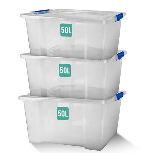 Thumbnail 7 de Klass 3 PCS 50L Plastic Storage Boxes With Lids (Cliping Lid) – Clear, Strong & Stackable