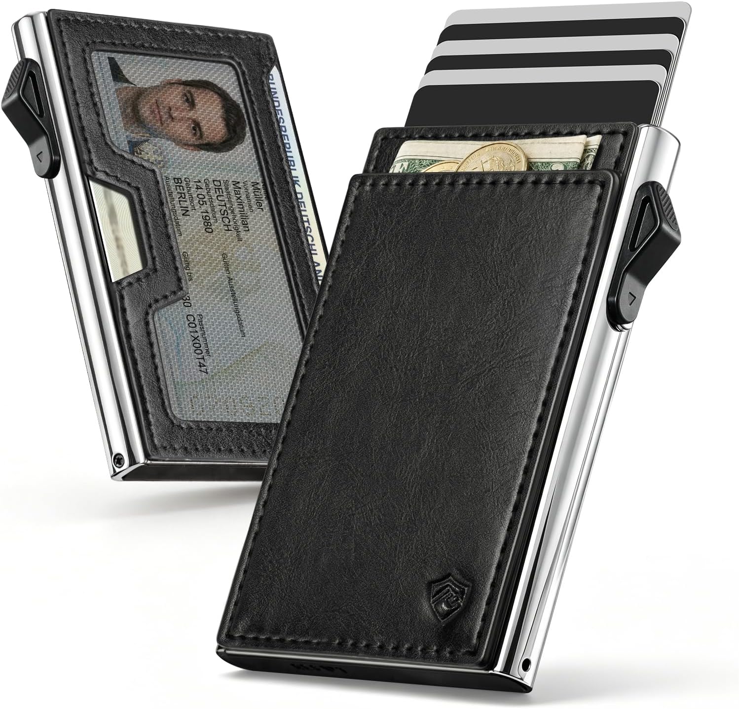 YESIIW Porta Carte Uomo Bauhaus – Ultra Slim Pop up, Alluminio con Pelle Vintage, RFID, Nero