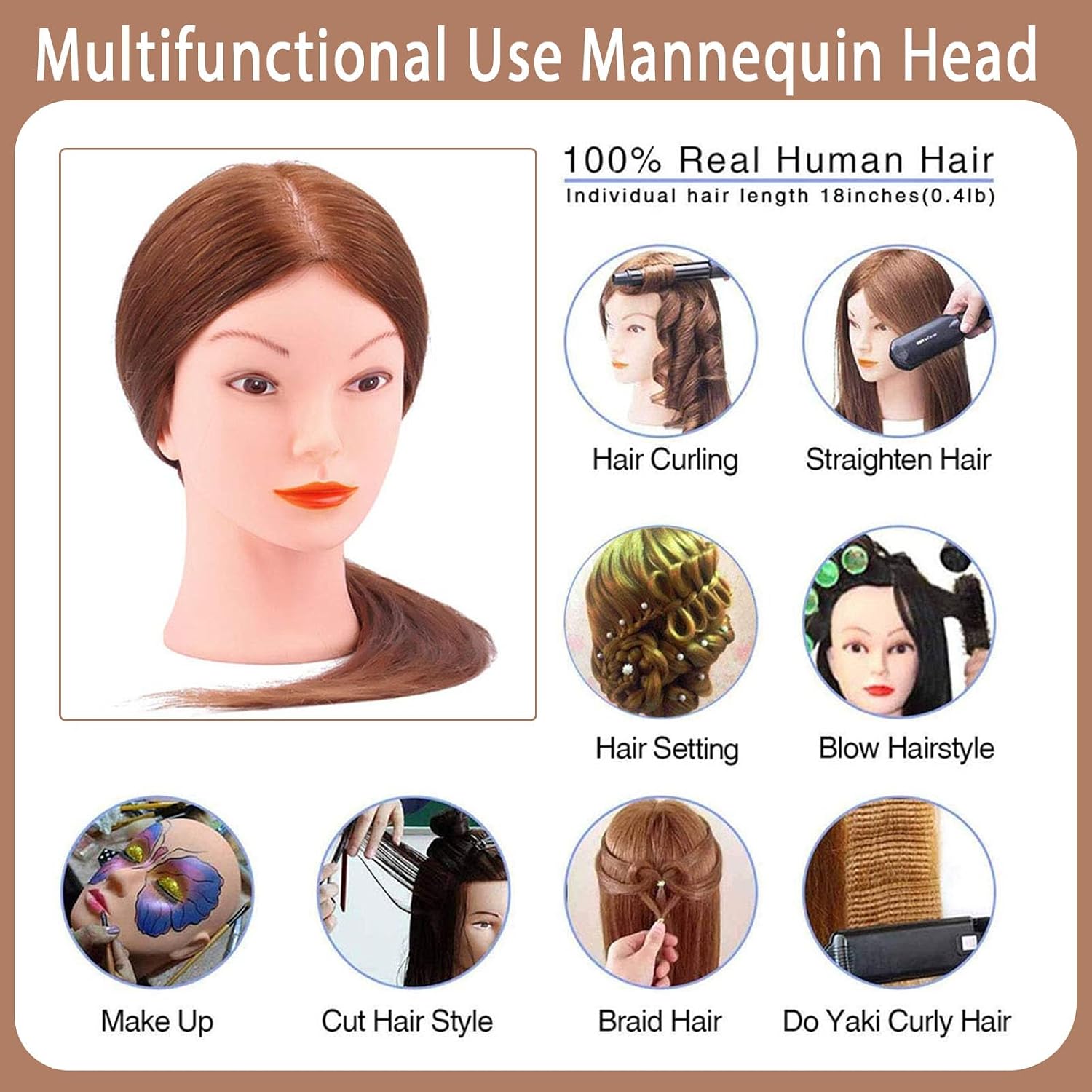 Detalle de TopDirect IEOJDE Cosmetology Mannequin Head with Dark Brown Human Hair