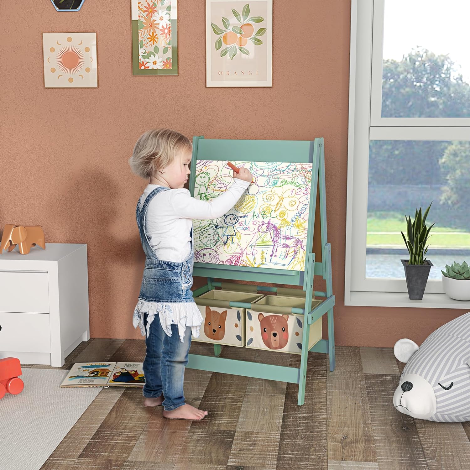 Thumbnail 1 de AIYAPLAY Tableau chevalet enfant ardoise double face – 54 x 46,5 x 93 cm vert, 2 paniers