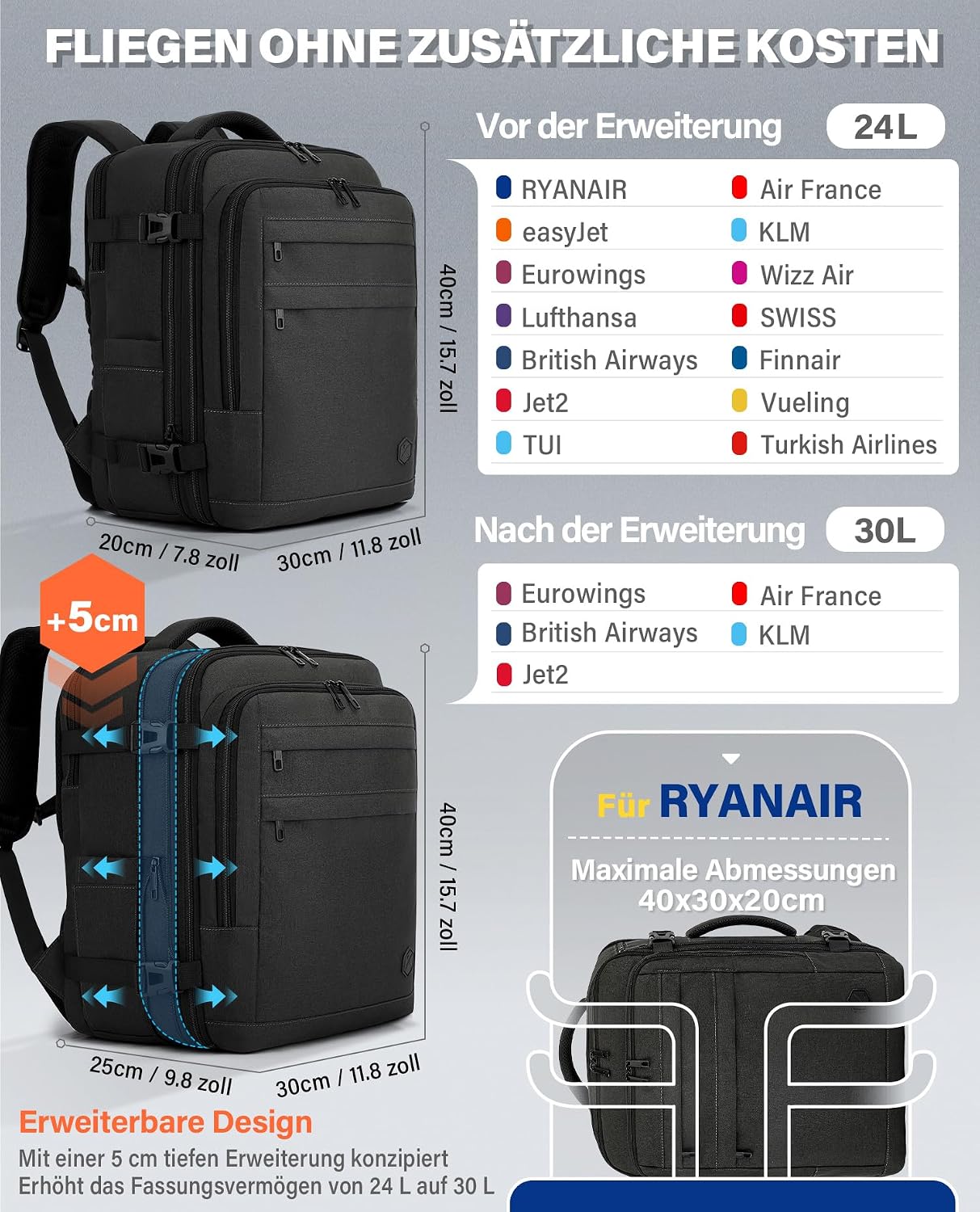 Detalle 2 de VANKEV Sitzunter-Rucksack-Erweiterung 40×30×20 bis 40×30×25 cm (24–30 L) für Handgepäck