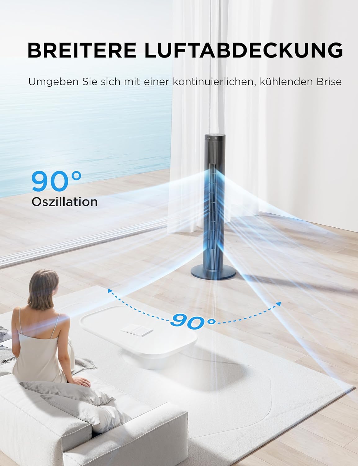 Detalle de Midea Turmventilator FZ10-26MR(BL): leise, stark und zeitgesteuert für Schlaf- und Arbeitsräume