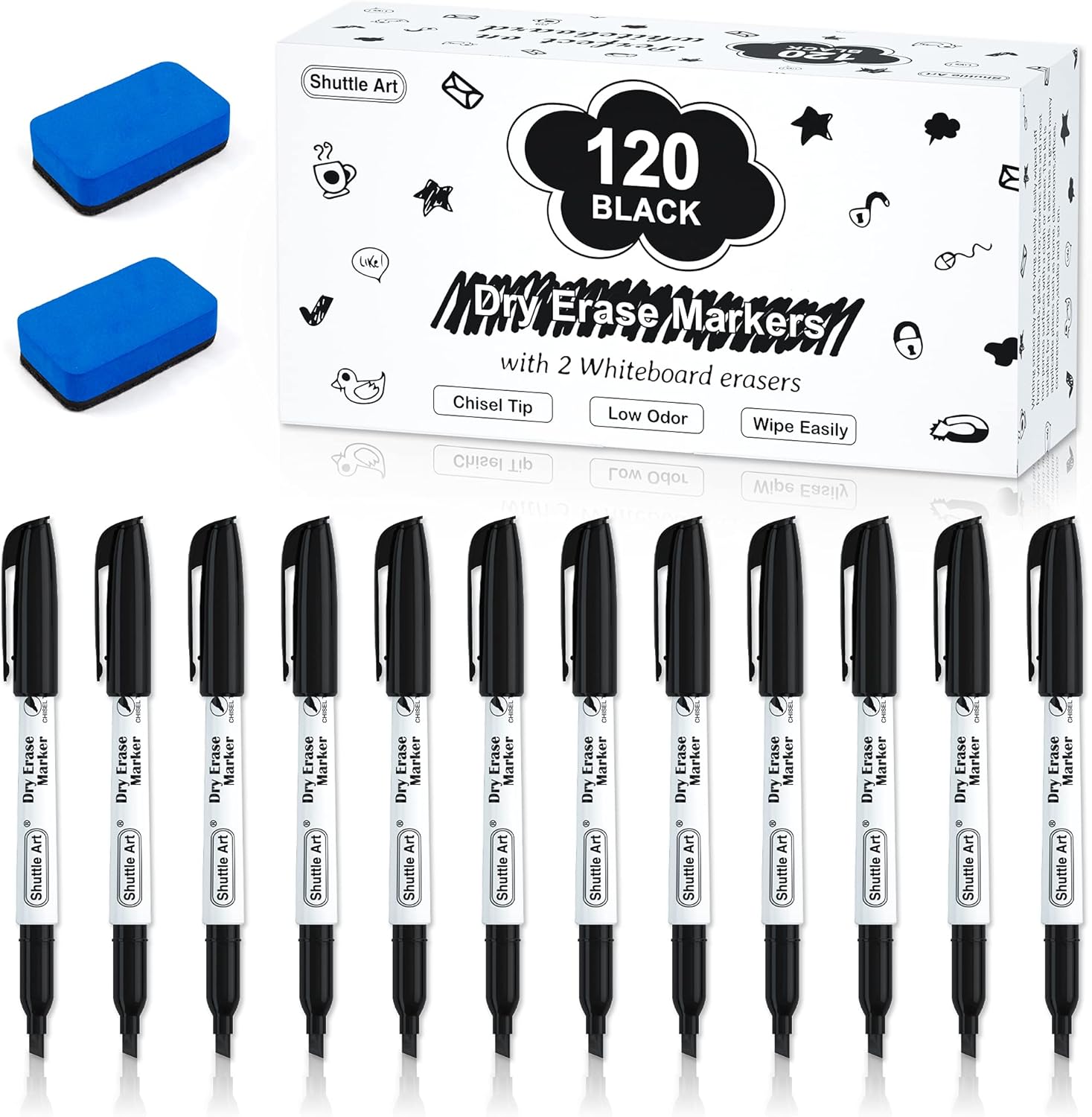 Shuttle Art 120 Pack Black Chisel Tip Whiteboard Pens with 2 Erasers