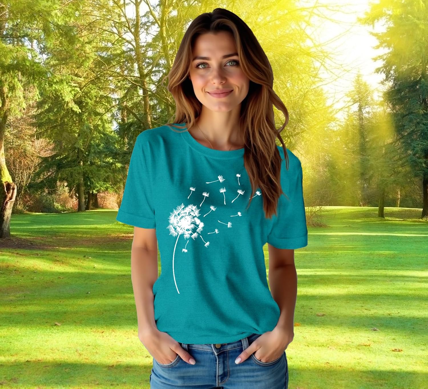 Detalle de Qskall Women’s Dandelion Flower T-Shirt – Casual Summer Tee in a relaxed fit
