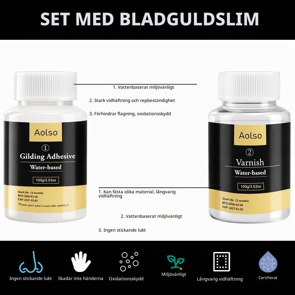 Detalle 1 de Aolso förgyllningskit med 100 blad, vattenbaserat lim och lack