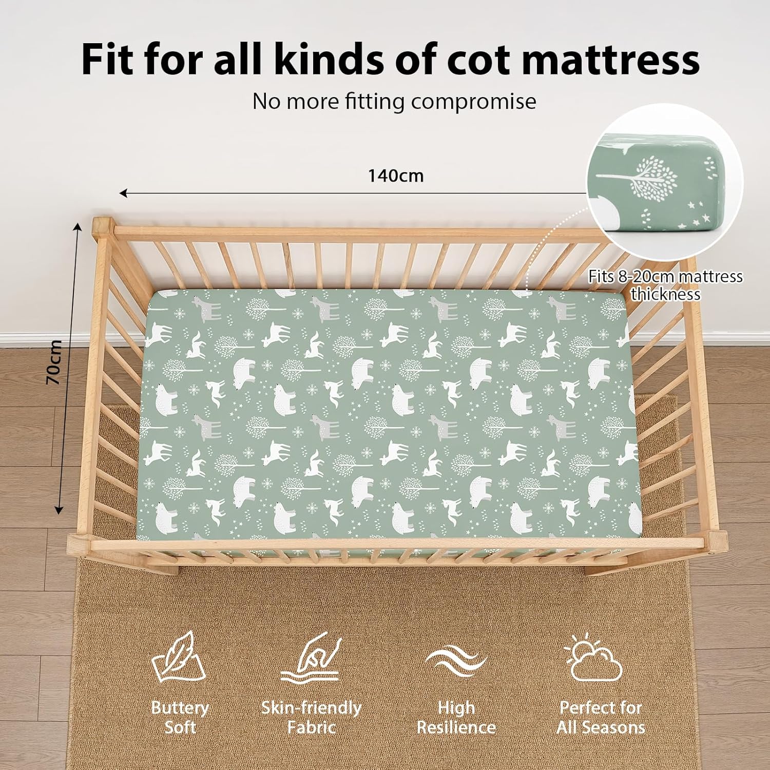 Thumbnail 2 de FIEMOL Cot Bed Sheets 140 x 70cm fitted (3-pack) in Green Forest Bear print