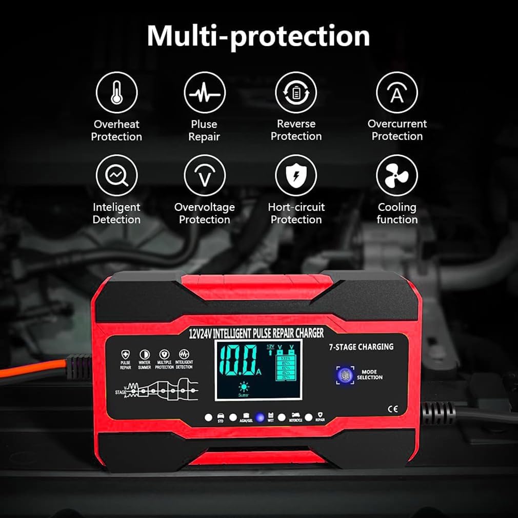 Detalle 2 de 10A Autobatterie Ladegerät, 12V/24V Smart vollautomatische Batterie Ladegerät mit 7-Stufiger Ladung und LCD-Bildschirm Batterie Ladegerät, geeignet für AGM, Wet und Gel-Blei-Säure-Batterien
10A Autobatterie Ladegerät, 12V/24V Smart vollautom…