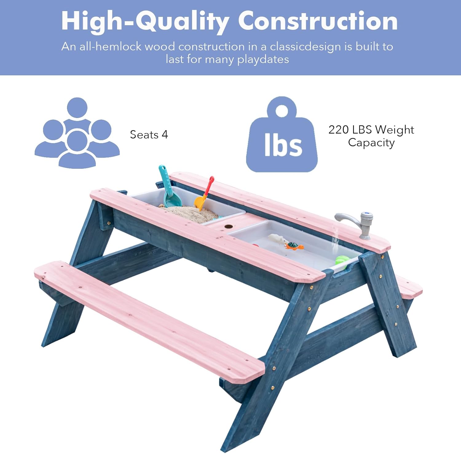 Detalle de K LUCKIDS 3-in-1 Sand & Water Table: Wood Outdoor Picnic Table for Up to 4 Kids