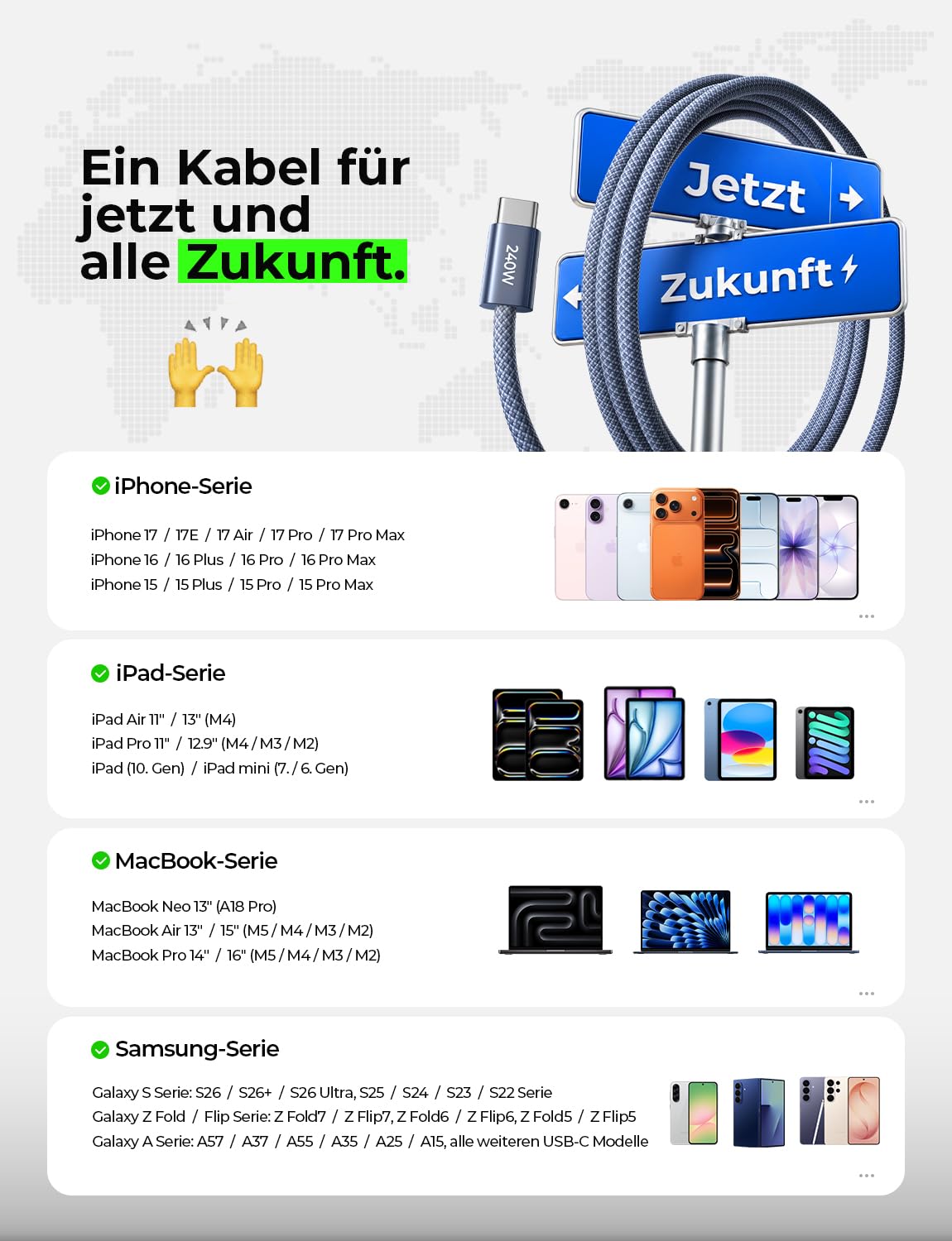 Thumbnail 6 de LISEN 240W USB-C Kabelset – 4er-Pack (1 m, 1 m, 1,5 m, 1,5 m) USB-C auf USB-C, PD 3.1, E-Marker 3.0 – Sicherheit trifft Leistung