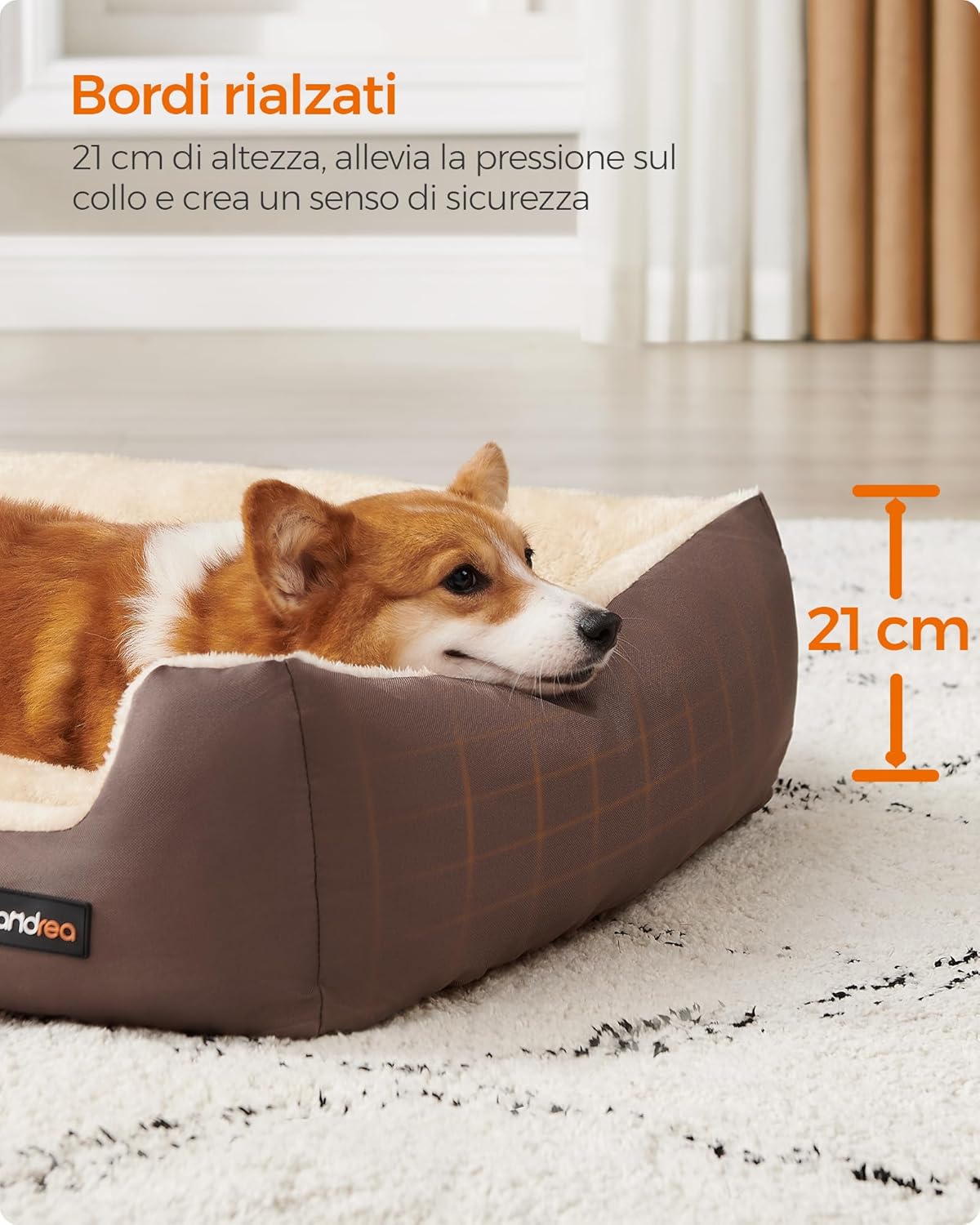 Detalle 2 de Feandrea Cuccia Cane Interno 85x65x21 cm – Tappeto Rimovibile e Bordi Rialzati, Marrone Caffè e Beige Sabbia