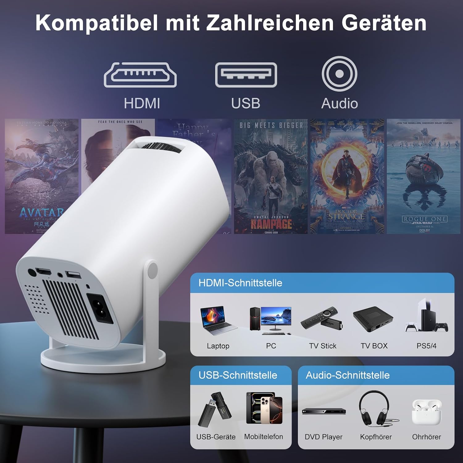 Thumbnail 6 de Mini Beamer – Smart Projektor Full HD 1080P mit WiFi 6, Bluetooth 5.2 und Android-TV