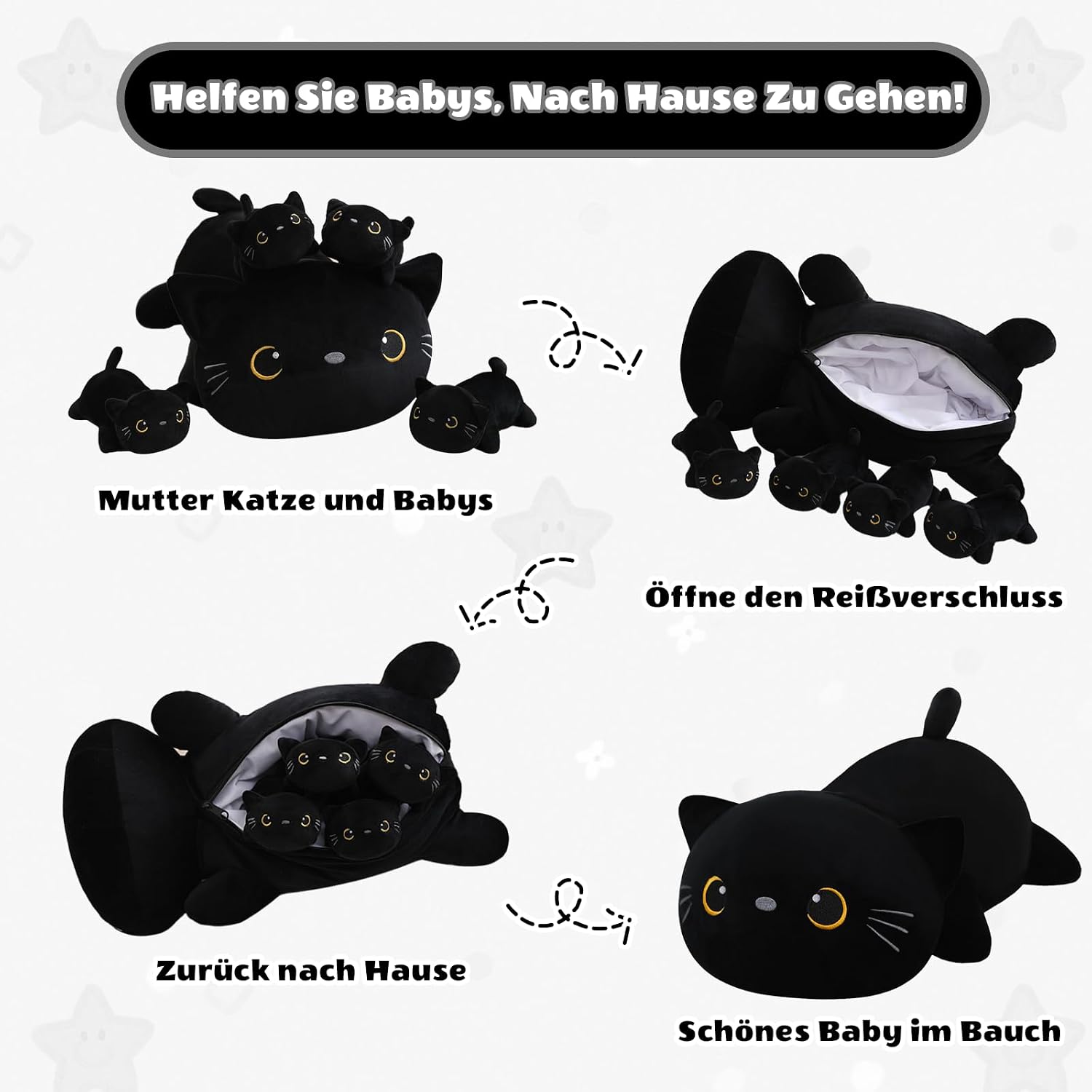 Thumbnail 1 de SQEQE Black Cat Plush – 5-in-1 giant cat pillow with removable 4 baby kittens
