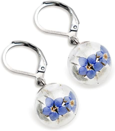 Detalle de Orecchini Non Ti Scordar di Me in Vetro Soffiato e Acciaio Inox con Fiori Veri e Semi di Tarassaco
