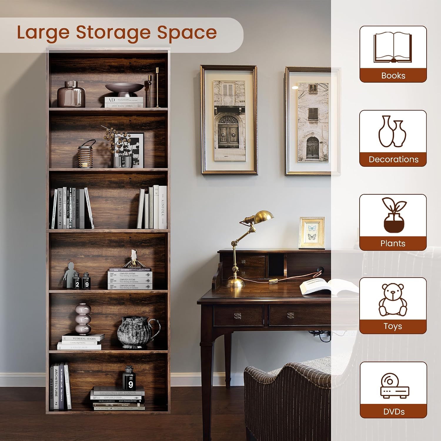 Thumbnail 6 de GRUSIGN SJ-6T-BRN 71-Inch 6-Tier Bookshelf in Brown