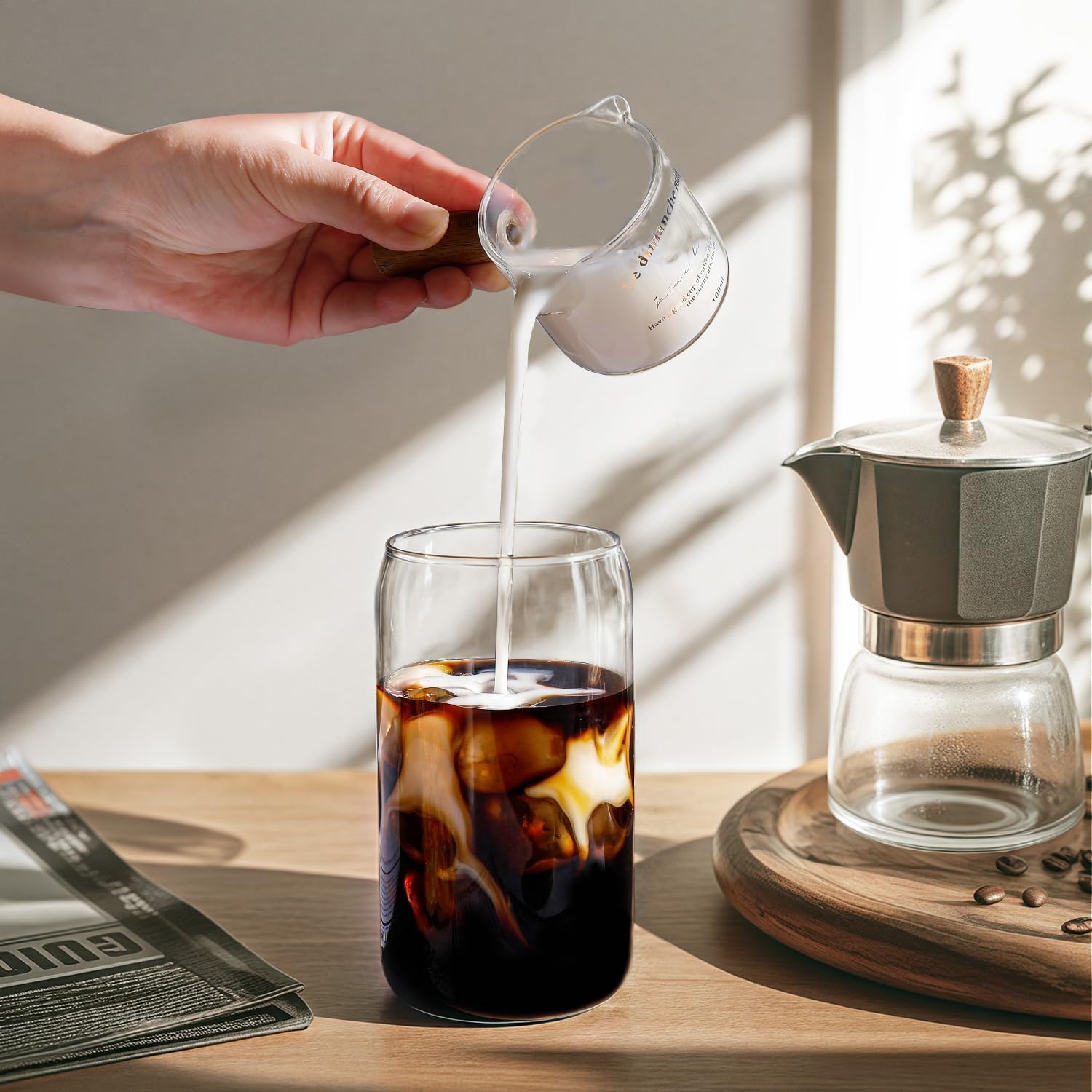 Thumbnail 4 de MHDCLY Iced Coffee Cup Set: 4 Glass Cups with Bamboo Lids, Straws and Brushes (20 oz)