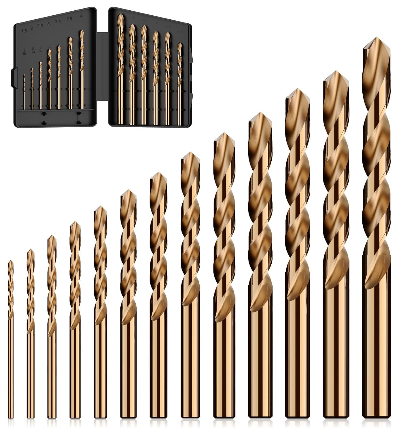 Detalle de MACXCOIP Cobalt Drill Bit Set, 13-Piece M35 HSS, 1/16"–1/4