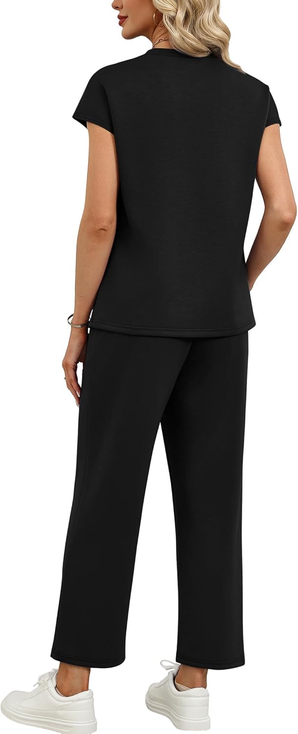 Thumbnail 4 de Sampeel Two-Piece Lounge Set for Women: Cap Sleeve Pleated Top & Cropped Wide-Leg Pants