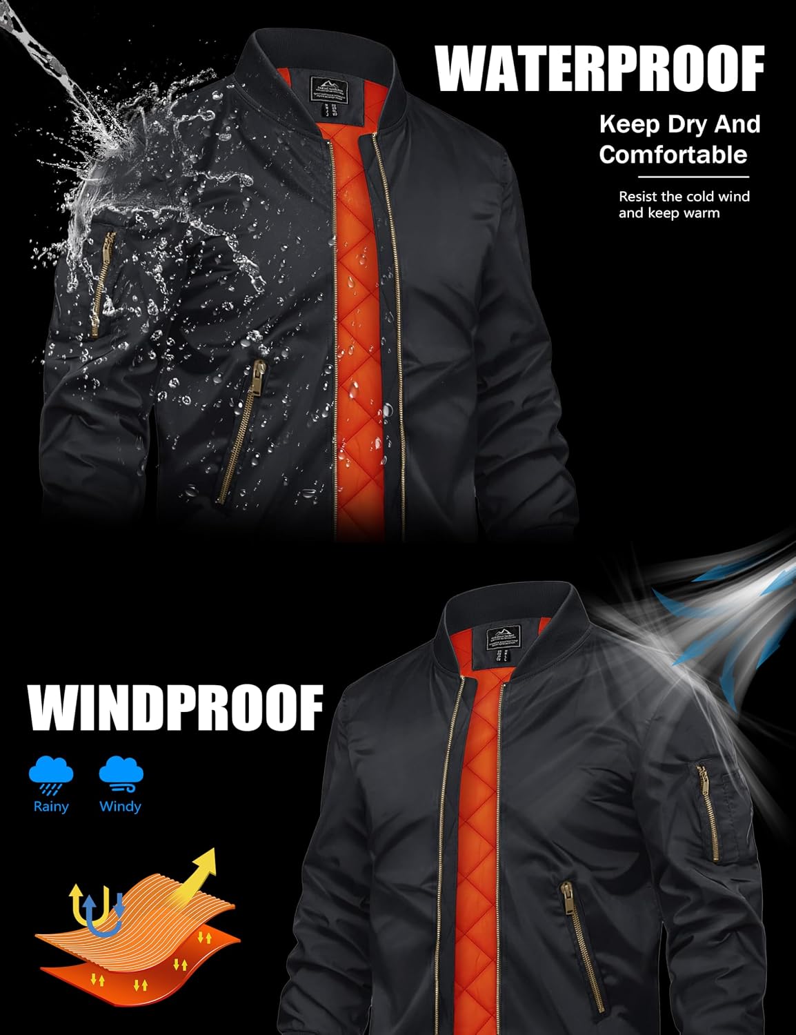 Detalle de TACVASEN Men's Quilted Bomber Jacket with Windproof Fabric and Zip Pockets