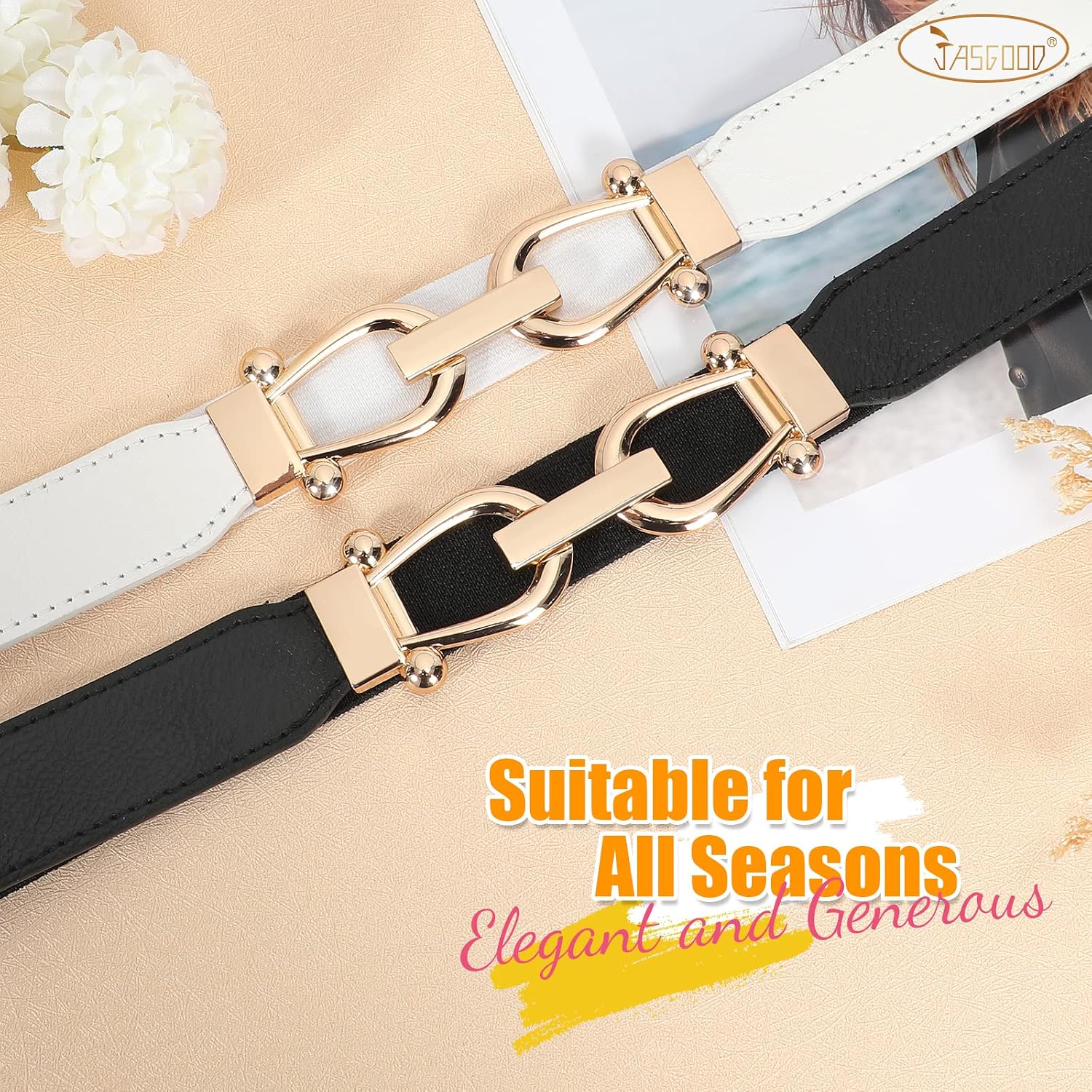 Thumbnail 4 de JASGOOD Women Stretchy Waist Belt with Gold Buckle — Skinny Elastic Belt for Versatile Styling